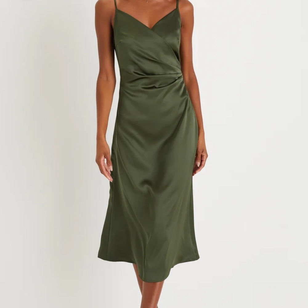 NWT Simplicity of Love Olive Green Satin A-Line Midi Dress - Size M